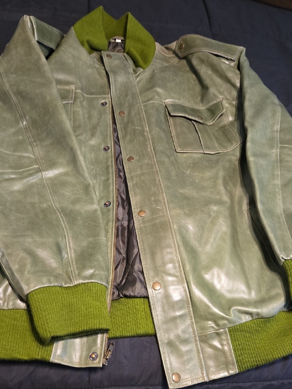 solo Olive Green Leather Bomber Jacket with Knit Trim